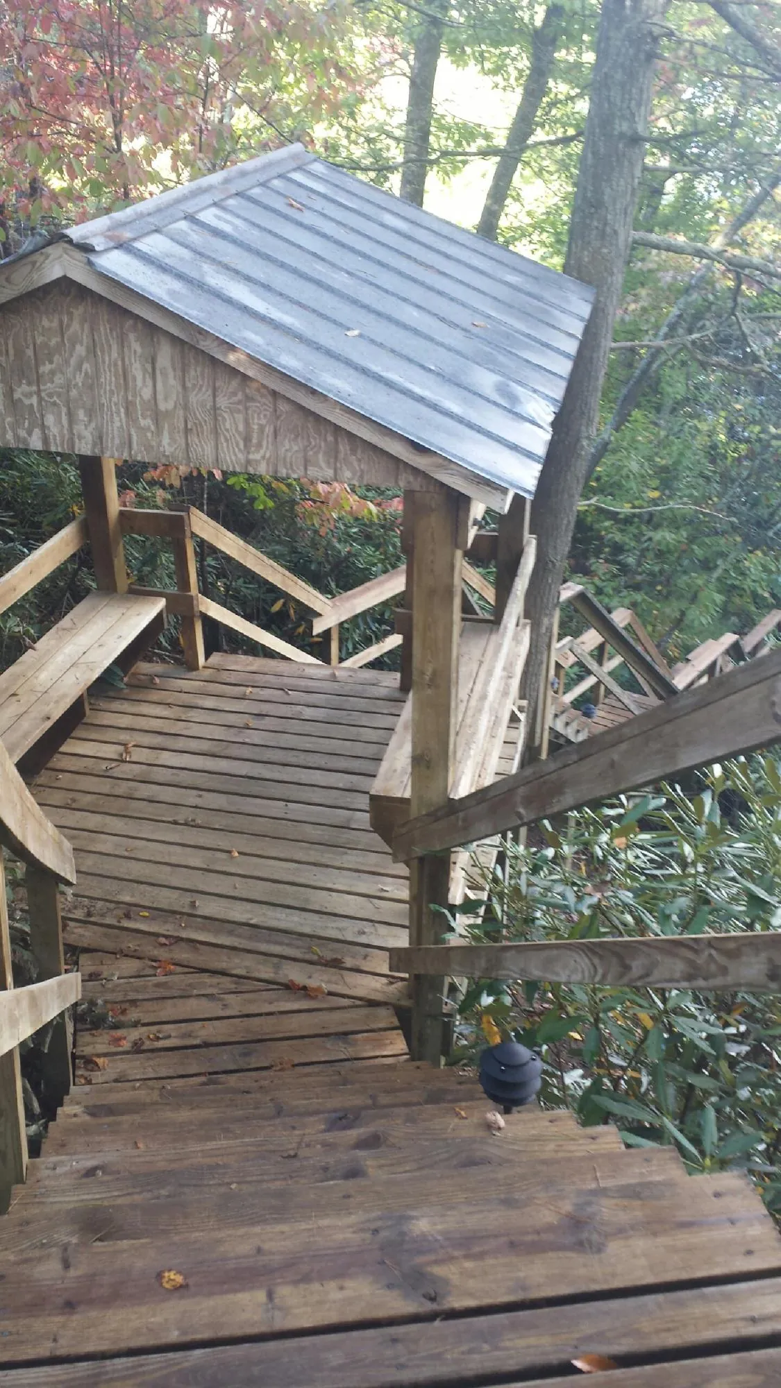 Metal roofed shelter over wooden steps on a wooded walkway — Skylight Repair & Installation work by our crew in Webster Springs
